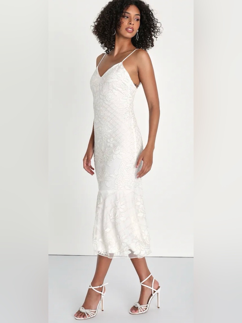 Lulu’s Charismatic Love White Floral Beaded Sequin Midi Dress-L